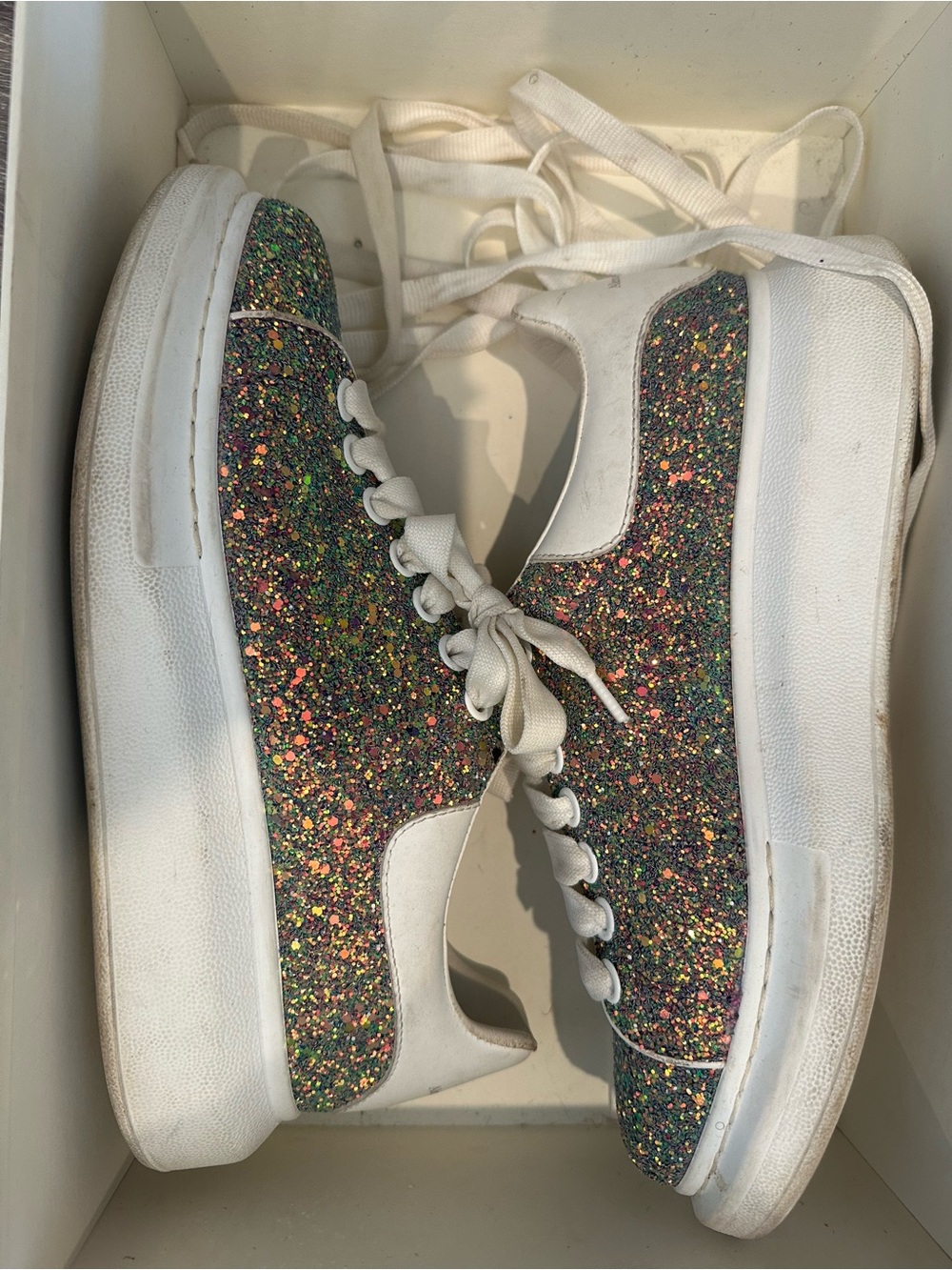 Alexander McQueen White Lace-Up Sneakers with Multicolor Glitter Panels